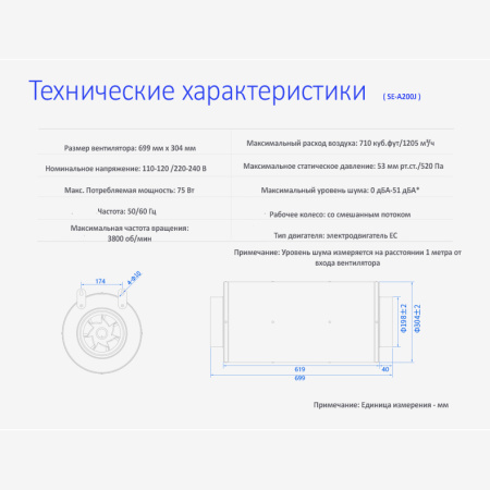 Вентилятор канальный SENSDAR SE-A200J