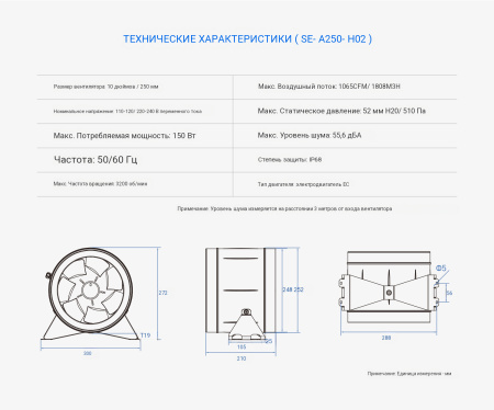 Вентилятор канальный SENSDAR SE-A250-H02